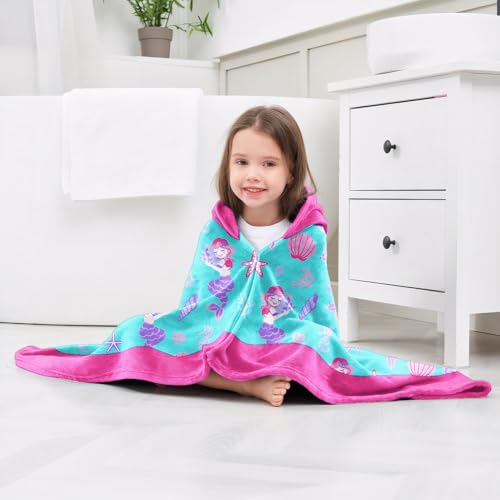 Image of Mermaid Girls Beach Towel with Hoodie for Kids Toddlers Age 4-8, Pink Blue Bath Towels Shower Wrap for Girls, Hooded Poncho Beach Blanket for Pool Swimming Cute Wearable Bath Towel for Child