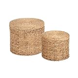 Kate and Laurel Halm Modern Woven Rattan Round Storage Side Tables, Set of 2, 20 x 17 and 16 x 14, Natural Rattan, Lift-Top End Tables for Use as Hidden Storage Baskets or Small Ottoman Tables