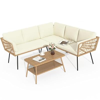YITAHOME Rattan 4PCS Patio Furniture Set, Outdoor Wicker Conversation Sectional L-Shaped Sofa with 5 Seater for Backyard, Porch, Detachable Lounger with Thickness Cushions and Side Table - Beige