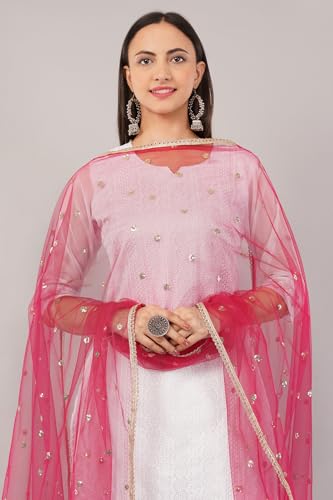 Image of Net Butti Dupatta for Women | Golden Lace Border Chunni | Butti Work Odhani | Wedding & Bridal Styling | Lightweight Drape | Kurti & Salwar Suit