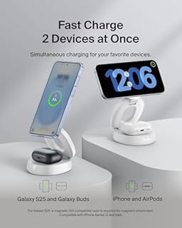 Belkin 2-in-1 Convertible Wireless Charging Station, Wireless Portable Charger 15W, MagSafe-Compatible Qi2 Charger for iPhone 17, Air, AirPods with Weighted Non-Slip Base, 30W Charger Included - White