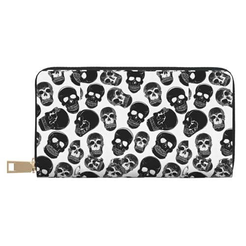 Leather Wallet for Women Ladies Novelty Printed Around Zipper Long Wallet Phone Purse Credit Card Holder, Black Skull