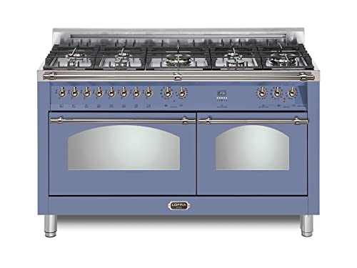 Image of Lofra DolceVita Series 60 Inch Range Freestanding Dual Fuel Double Oven Stove, Cooktop 8 Sealed Brass Burners, Convection, 9 Cooking Modes, Knobs and Handrail In Chrome, in Lavender