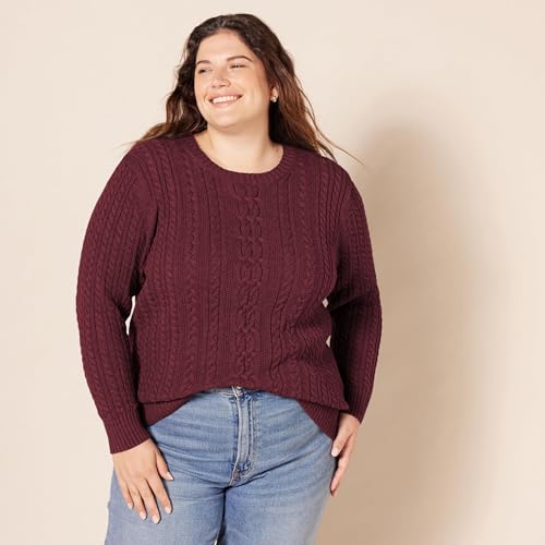 Image of Amazon Essentials Women's Regular Fit Soft Cotton Cable Knit Ribbed Crewneck Sweater (Available in Plus Size)