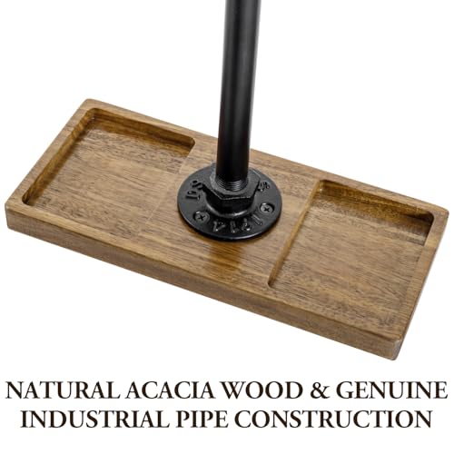 Image of MyGift Premium Acacia Solid Wood and Industrial Black Metal Pipe T-Bar Over Ear Headphones Holder, Tabletop Dual Headphone Display Stand with Accessories Tray