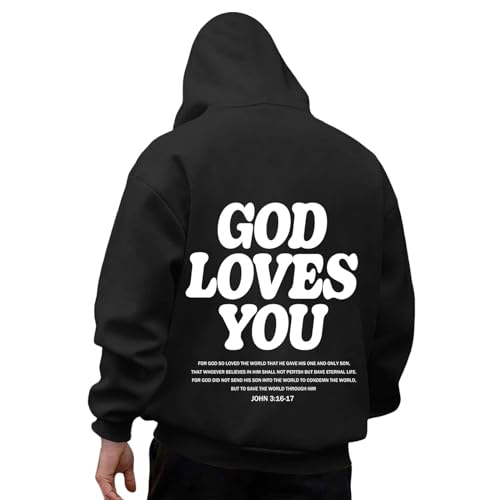 Christian Hoodie for Men God Loves You Letter Print Crewneck Causal Sweatshirt with Pocket Fall Drawstring Aesthetic Hoodies