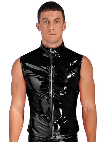Mens Sleeveless PVC Leather Zipper Jacket Wet Look Stand Collar Vest Slim Fit Tank Tops4