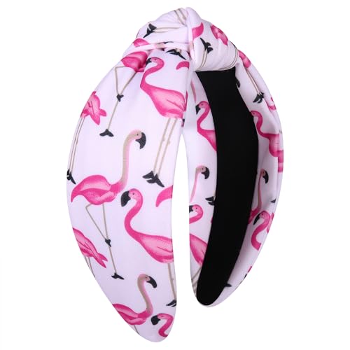 ZITULRY Knotted Headbands for Women Hawaiian Flamingo Printed Top Knot Wide Hairband Boho Pink Tropical Bird Cross Twist Turban Hair Hoop Summer Holiday Party Hair Accessory