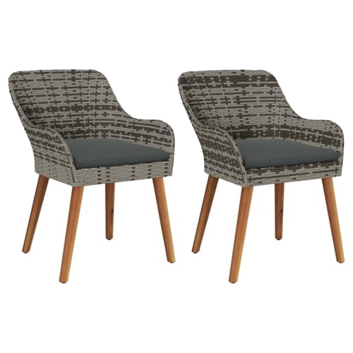 XHNIFBN Lot de 2 chaises de jardin en polyrotin - Gris - 62,5 x 55 x 82 cm - Résistant aux intempéries - Avec pieds en bois d'acacia - Design moderne et...