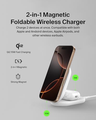 Image of Belkin MagSafe Qi2 Wireless Charger | 2-in-1 Magnetic Foldable 15W | Fast Charger for iPhone 16, 15, 14, 13, 12 | Charging Station with Non-Slip Base | PSU Included | White