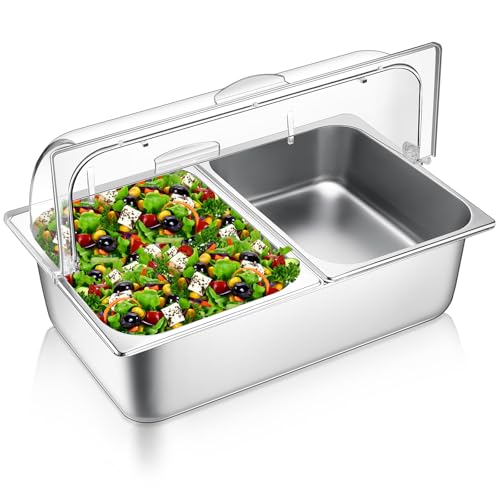 Image of Ziliny Countertop Food Serving Display Container and Clear Roll Top Cover Stainless Steel Food Serving Tray Buffet Condiment Dispenser Display Rack for Restaurant Hotel Kitchen Party (2 Pan)