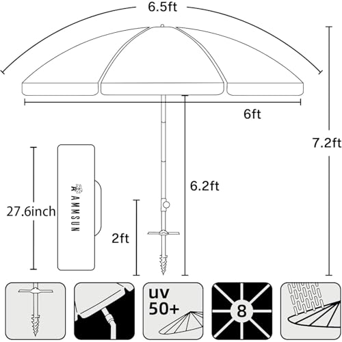 AMMSUN 200cm Sonnenschirm mit zwei zusammengeklappten Terrassen für Sonne und Außenbereich, mit Metallneigung Tragbare Cabana-Silberbeschichtung innen mit 99% UV-Schutz – Bild 7