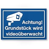 Grund Lot vidéo via de plaque (Bleu, 30 x 20 cm) – Panneau Attention/Attention vidéo surveillance – Panneau d'avertissement/pictogramme vidéo via – dessinée/avertissement
