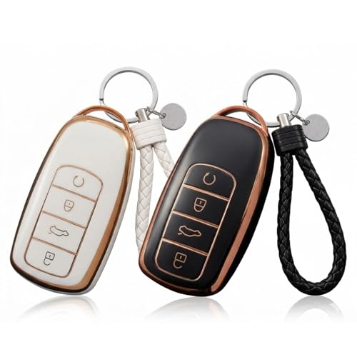 2PCS Car Key Cover Fully Encased TPU Material 4 Buttons Car Key Card Case with 2 Lanyard Compatible with Chery Tiggo 8/7/Pro Omoda 5 Jaecoo 7 (4 Buttons Black/White)