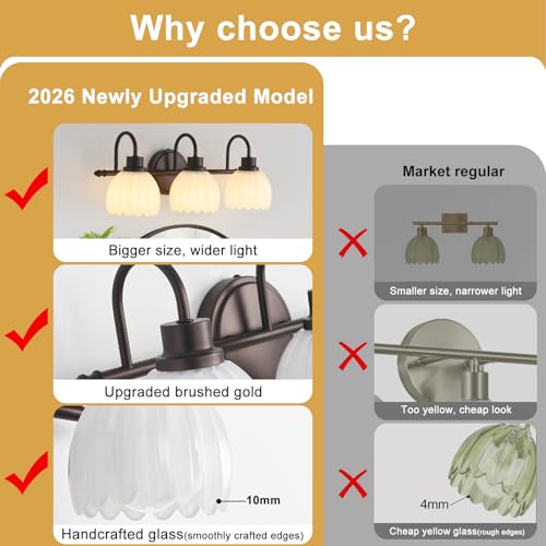 Image of Bathroom Light Fixtures (3-Light, 20 Inch), Oil Rubbed Bronze Vanity Lights for Bathroom with Ribbed White Tulip Glass Shade, Vintage Vanity Wall Lights for Mirror Bedroom Living Room Hallway