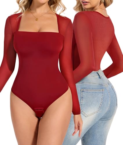 Body en maille transparente HHRFCS pour femmes avec col carré et manches longues