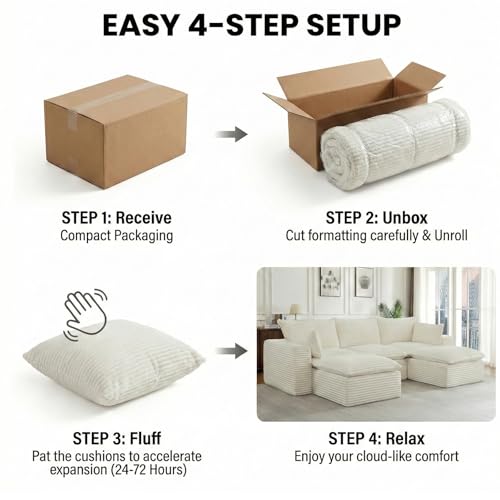 Image of 5 Piece Modular Sectional Sofa, Oversized Boneless Cloud Couch with Ottoman, Luxury Deep Seat Corduroy Fabric L Shaped Couch, Modern Memory Foam Sofa in a Box for Living Room Bedroom
