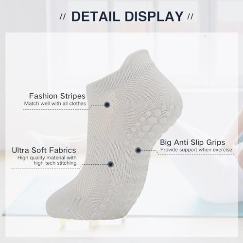 Pilates Grip Socks Non Slip Barre Socks Cute Yoga Ankle Socks Grippy Socks for Women 3 Pairs - Light Yellow Light Green Ivory White One Size3