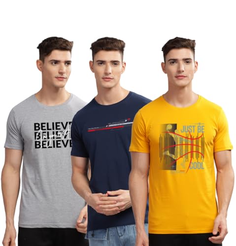 Image of ADRO 100% Cotton Lycra Tshirts for Men Combo Pack of 3 | Regular Fit | Printed T Shirt | Round Neck Half Sleeve| Mens Tshirts