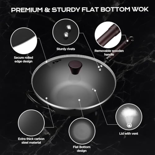 Image of FGJ Wok, 13 Inch carbon steel wok pan with steamer & stir-fry pans nonstick, Pre-Seasoned 5.8QT Flat Bottom Chinese Woks Roasting Pan with lid, Carbon Steel Cookware, Compatible with All Cooktops