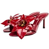 YIYA Women's Flower Mules Heels Open Pointed Toe Stiletto Kitten Heels Slip On Dress Party Sandals