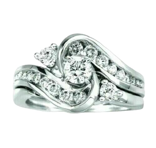 Phoenixjewel 2 Ct Round Cut Simulated Diamond Engagement Wedding Bridal Ring Set Bypass Eternity Promise Ring 14K White Gold Plated Handmade Anniversary Ring Set 925 Sterling Silver Stacking Ring