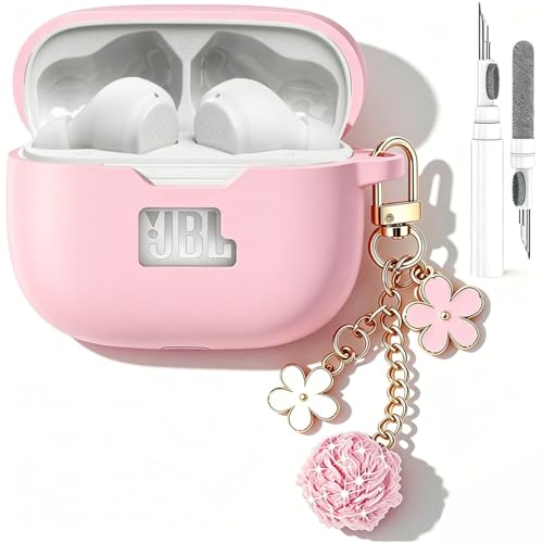 Cute Case Compatible JBL Vibe Beam 2 /Beam Cover for Girl Women with Pom pom Flower Keychain & Cleaner Kit Soft Silicone Protective Skin for JBL Vibe Beam 2 2025 Women Men Pink
