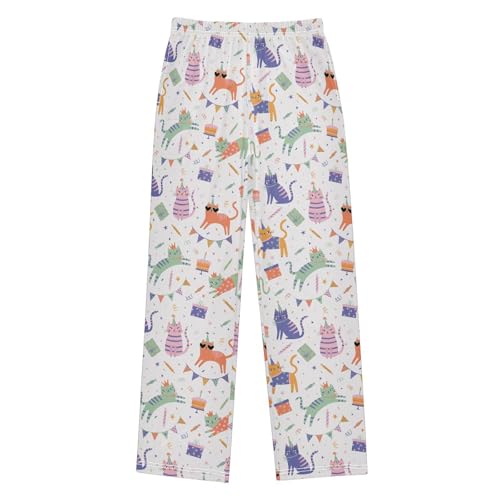 Cat with Party Hat Boys Long Pants Soft Trousers Elastic Waist Kids Lounge Bottoms with Pockets S-XL