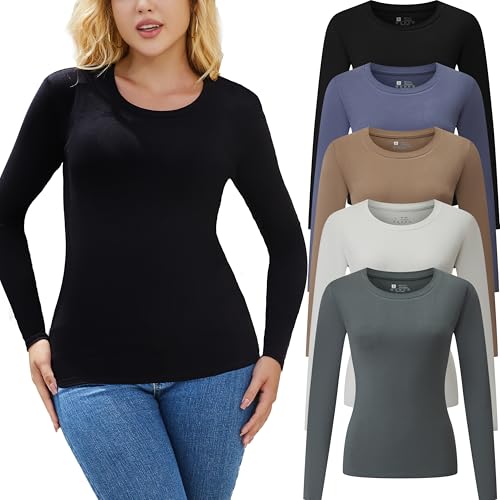 5 Pack Long Sleeve Shirts for Women Crew Neck Basic Stretchy Fitted Tops Slim Fit Casual Fashion Clothes 2025