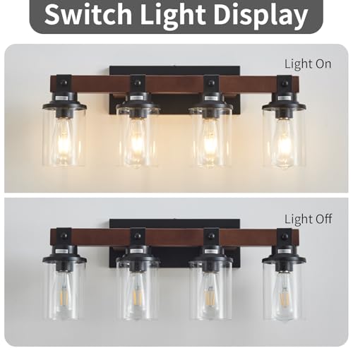 Image of 4 Lights Wood Farmhouse Vanity Lights Fxtures Rustic Bathroom Lights Over Mirror with Clear Glass Shade Black Industrial Wall Sconce for Bathroom Bedroom Hallway Kitchen
