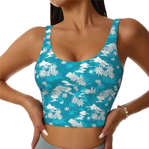 Blue White Palm Trees(1) Print Sports Bras for Women, Built in Bra Athletic Workout Crop Tank Tops for Women