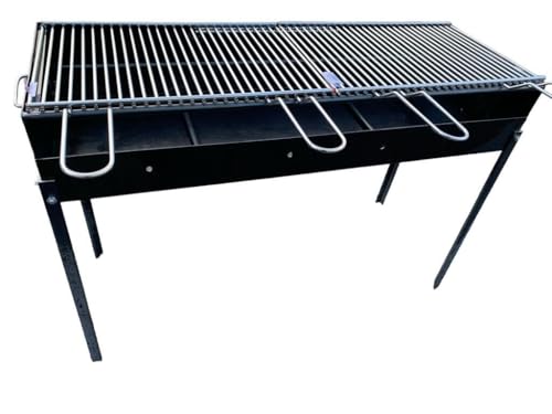 Barbecue in Ferro con 2 Griglie in Acciaio,Artigianale, Regolabile in 2 Altezze 100x38 cm, Piedi Estraibili, Portatile per Esterni