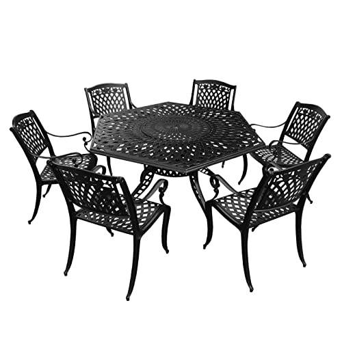 Image of Oakland Living 1822-1855(6)-LBK Modern Ornate Outdoor Mesh Aluminum 63-in Large Black Hexagon Patio Lazy Susan and Six Chairs Dining Set