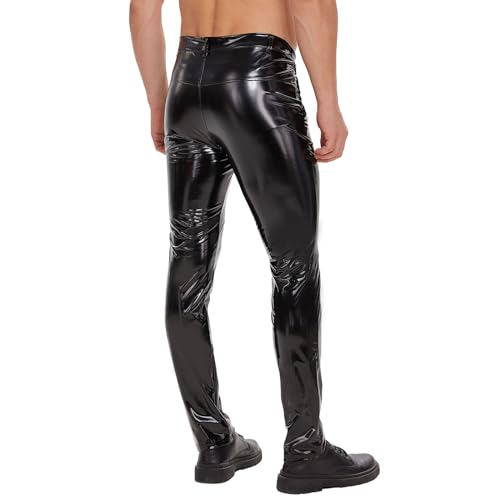 xokesy Herren Glänzende Lederhose, Sexy Hosenschritt mit Reißverschluss, Wetlook PU-Leder, gerade Lässige Lederhose für Herren für Kostüm Cosplay Nachtclub Schwarz