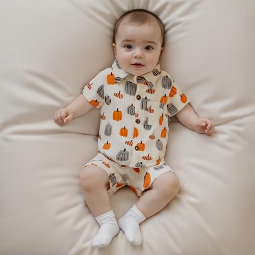 Toddler Baby Boy Halloween Outfit Pumpkin Cotton Linen Button Down Short Sleeve Shirt and Shorts 2 Piece Clothes Set2