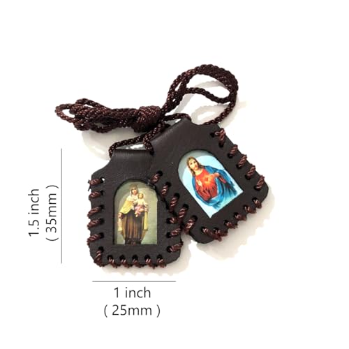 Catholic Town Sacred Heart of Jesus, Our Lady of Mount Carmel Leather Scapular, Brown (LSWCARD-BRN)2