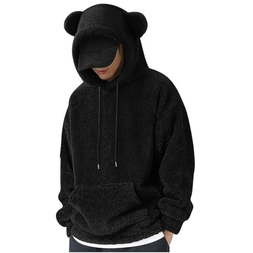 Mens Teddy Hoodie Plush Bear Ear Pullover Hooded Sweatshirt Soft Warm Cozy Casual Streetwear with Pocket