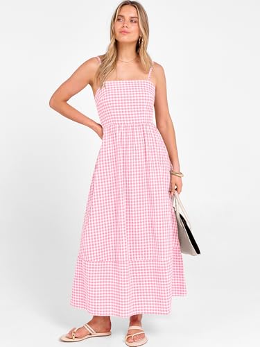 Image of Caracilia Womens Maxi Dresses Gingham Spaghetti Strap Back Smocked Flowy Long Sundress Summer Beach Vacation Clothes 2026