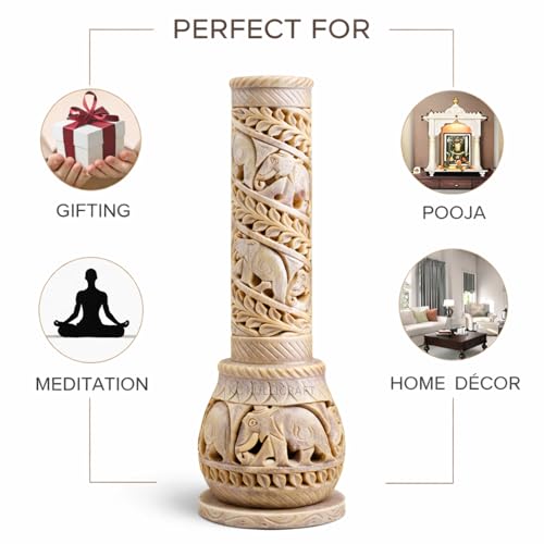 Image of Elephant Carving Agarbatti Stand, 3 x 3 x 10.5 Inches | Soapstone Hand-Carved, Bottle Shape Incense Burner Holder, Ash Catcher for Incense Sticks, Spiritual Decor for Puja Room