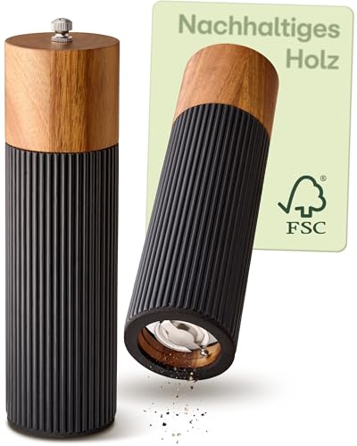 Praknu Salz & Pfeffermühle FSC® Holz der Akazie Set – mit Keramikmahlwerk – Stufenlos Einstellbar & Langlebig – Pfeffer und Salzmühle – Gewürzmühle Holz – Pfeffer Salz Mühlenset – Schwarz – Groß