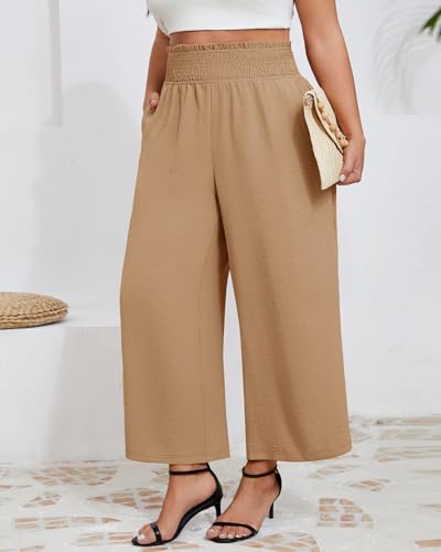 Neer Women's Plus Size Wide Leg Pants, Summer Stretchy Lounge Pants with Pockets Pull On Elastic Flowy Palazzo Trousers(Khaki,3XL)4