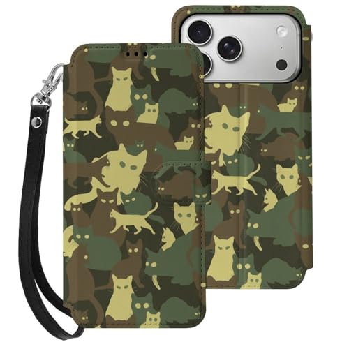 iPhone17ProMax用ケース カバー 手帳型 迷彩 ネコ 猫 猫柄 かわいい おもしろ アイフォン17ProMax カード収納 ストラップ付き 落下防止 横置きスタンド機能 全面保護 Case