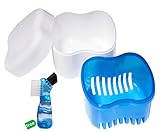 Home and Travel European Style Denture Box Free Brush with Specially Designed Holder for Rinse Basket, Great for Dental Care, Easy to Open, Store and Retrieve (Carnation Blue )