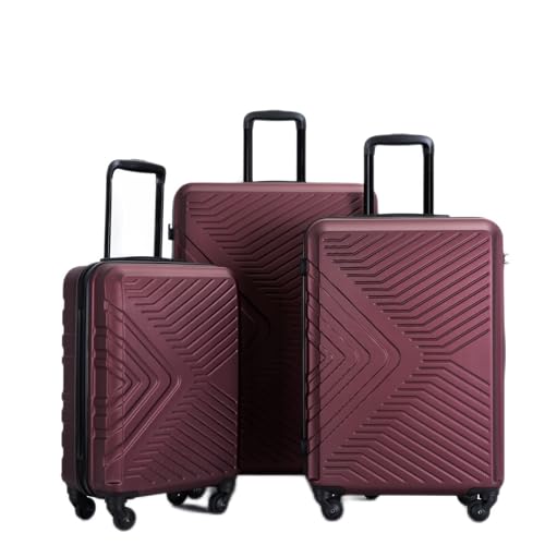 3 Piece Luggage Sets ABS Lightweight Suitcase with Two Hooks, Spinner Wheels, TSA Lock, (20/24/28) Wine Red