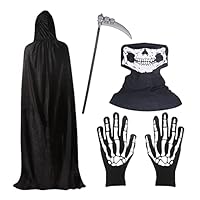 BILLMOSS Halloween Grim Reaper Costume - Hooded Cloak Velvet Black Cloak with Scythe Skull Mask Skeleton Gloves Grim Reaper Party Costumes for Kids
