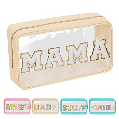 Image of Iqimott Clear Patch Makeup Bag Mama Pouch, Preppy Personalized Chenille Letter Cosmetic Pouch for Travel, Nylon Waterproof Travel Essentials Zipper Toiletry Bags for Women Girls(MAMA, Beige)