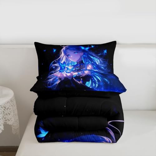 Image of Erosebridal 3D Japanese Girl Kids Comforter Set | Blue Butterfly Decorations Bedding King,Cartoon Down Comforter Anime Gifts for Her Duvet Set for Bedroom