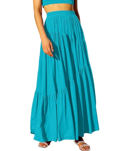 Image of ANRABESS Women's Boho Elastic High Waist Pleated A-Line Flowy Swing Asymmetric Tiered Maxi Long Skirt Dress with Pockets