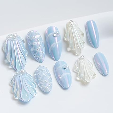 Sun&Beam Nails Handmade Press On Nail Medium Short Almond Oval Blue White Pearl Shell Fake Tip 3D Design Art Charms Cute with Storage Box 10 Pcs (Blue-S) Cover