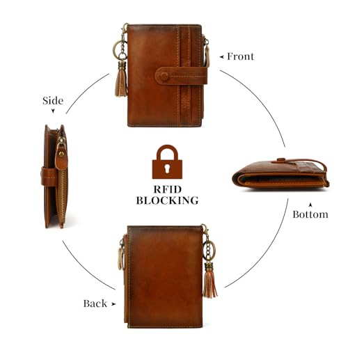 Image of Leather Wallet Women,RFID Blocking Small Wallets for Women Compact Bifold Slim Wallet Card Holder With Zipper Coin Pocket Brown